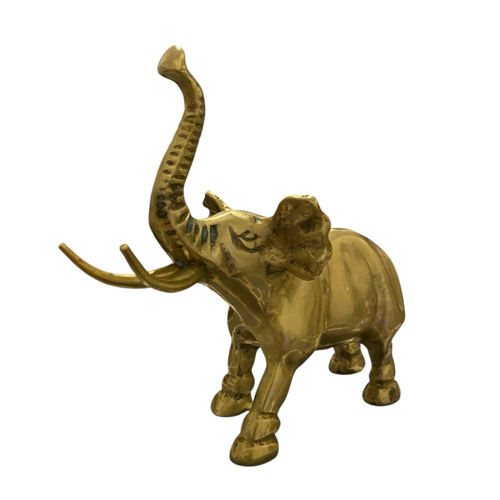 Vintage Elephant Trunk Up Solid Brass w Tusks 5.25" Tall Figurine Made in Taiwan